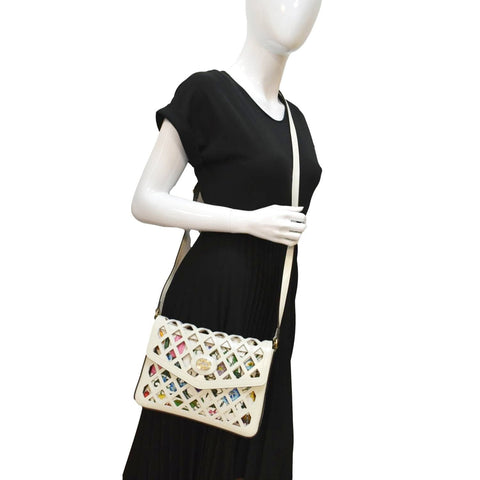 GUCCI Cutout Medium Floral Canvas Shoulder Bag White 550138