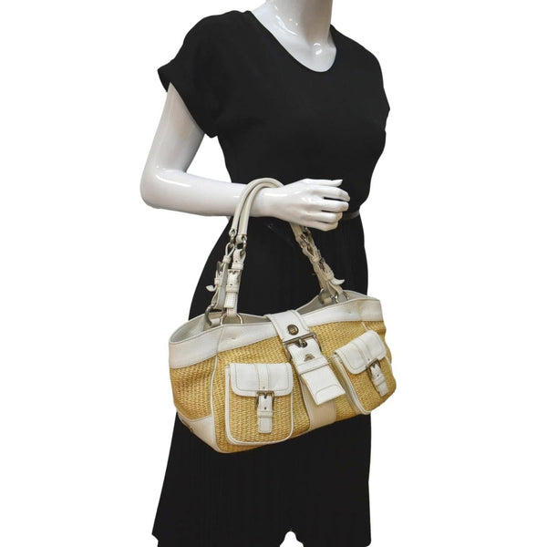 PRADA Paglia Vitello Daino Naturale Leather Satchel Bag Natural