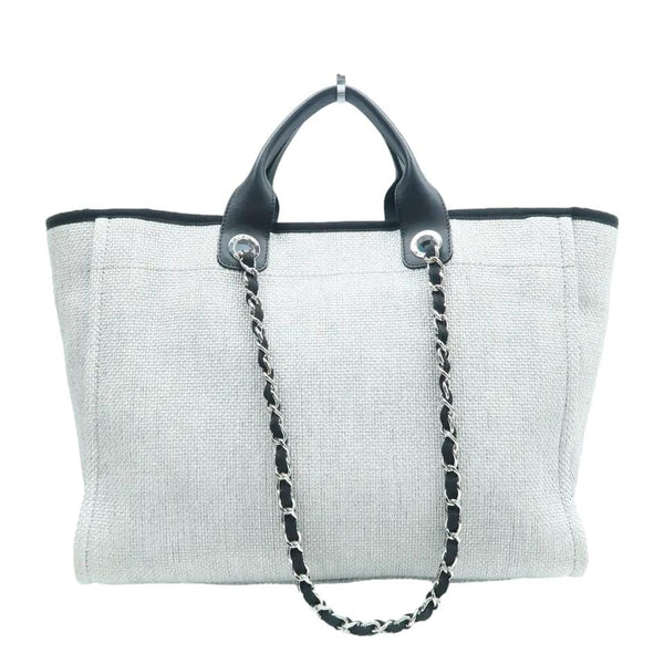 CHANEL Deauville Small Canvas Leather Tote Shoulder Bag White