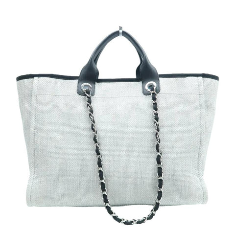 CHANEL Deauville Small Canvas Leather Tote Shoulder Bag White