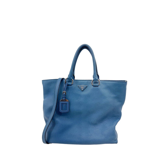 PRADA Vitello Daino Leather Shopping Tote Bag Blue