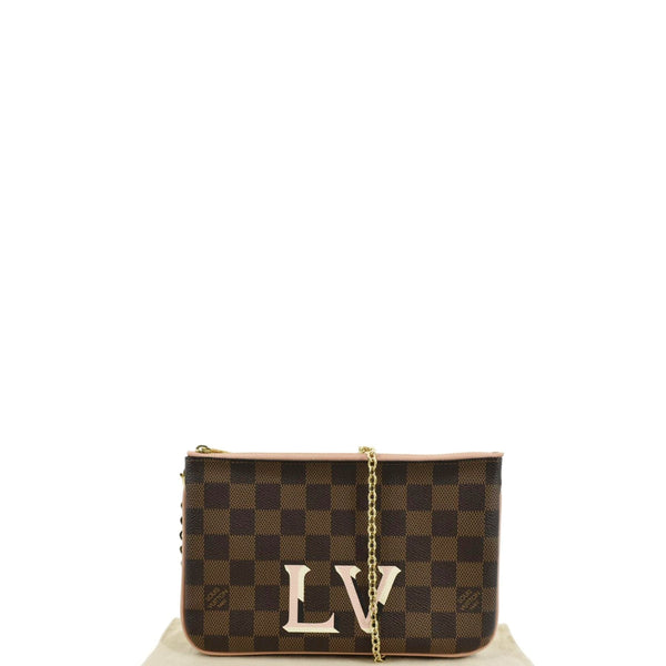 LOUIS VUITTON Double Zip Pochette Damier Ebene Crossbody Bag Rose Ballerine