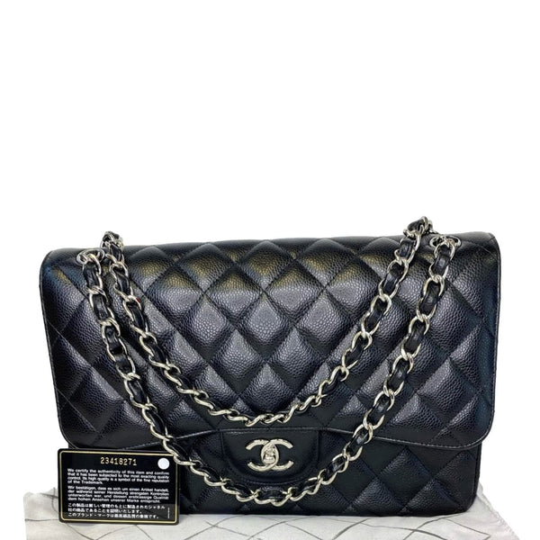 CHANEL Jumbo Double Flap Quilted Caviar Leather Shoulder Bag Black