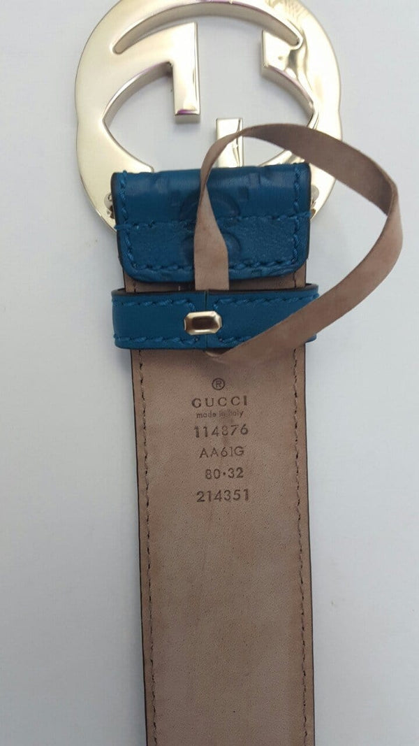 Gucci Teal Guccissima Leather Interlocking G Buckle Belt 114876 4618 (80/32)