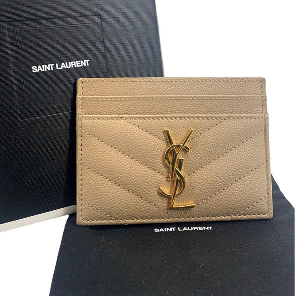 YVES SAINT LAURENT Monogram Grain Leather Card Case Beige
