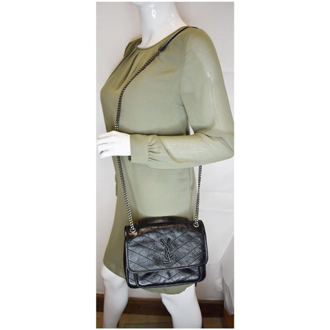 YVES SAINT LAURENT Niki Baby Crinkle Leather Crossbody Bag Black
