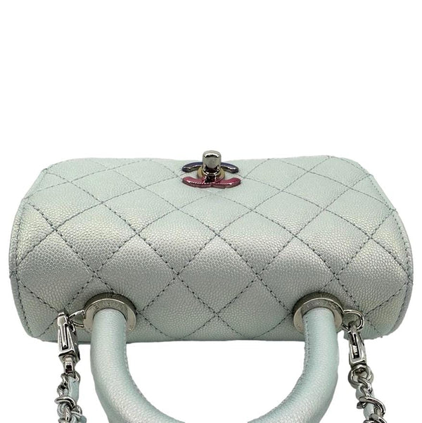 CHANEL Coco Extra Mini Top Handle Iridescent Caviar Leather Crossbody Bag Light Blue