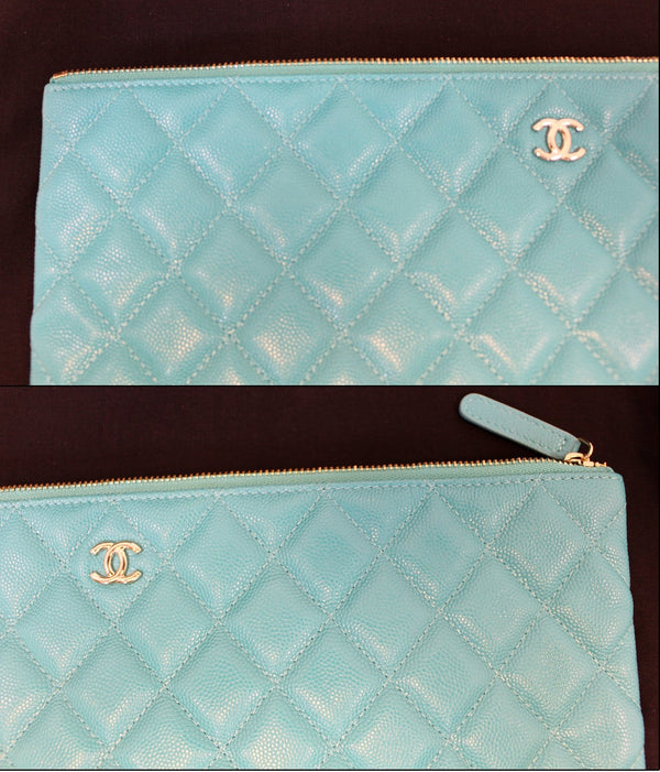 CHANEL Turquoise Leather Document Case Clutch Bag