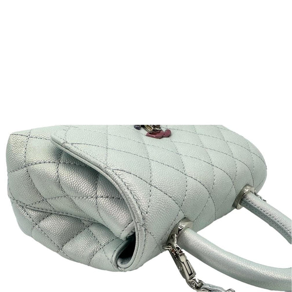 CHANEL Coco Extra Mini Top Handle Iridescent Caviar Leather Crossbody Bag Light Blue