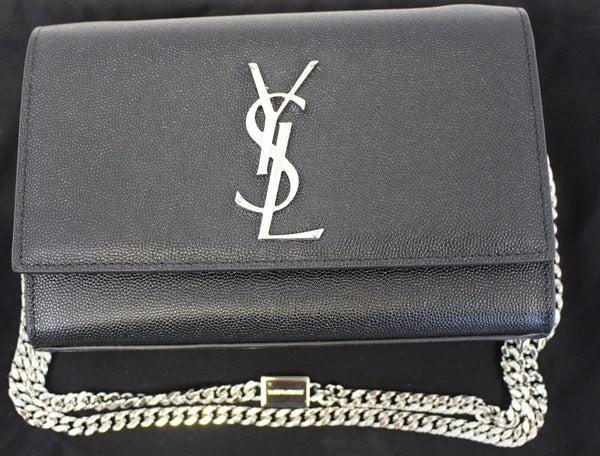 YVES SAINT LAURENT Kate Black Leather Silver Chain Clutch Crossbody Bag