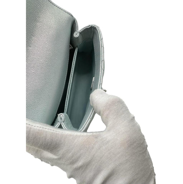 CHANEL Coco Extra Mini Top Handle Iridescent Caviar Leather Crossbody Bag Light Blue