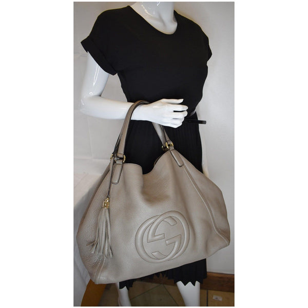Gucci Soho Top Handle Pebbled Leather Tote Bag Taupe - gucci handbag