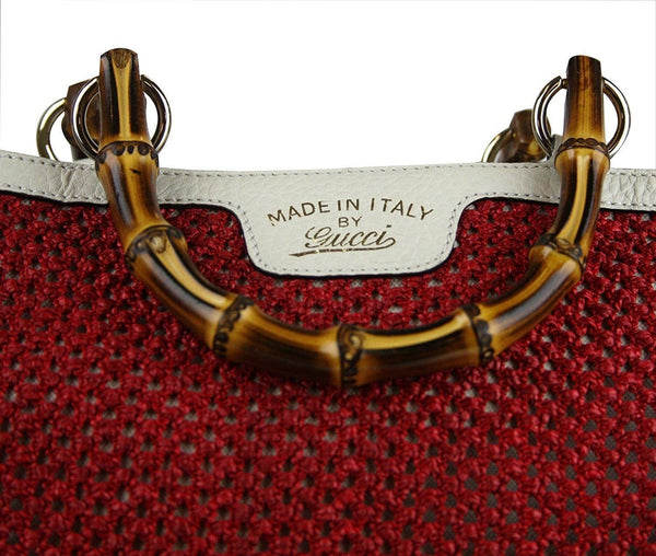 $1455 NWT Gucci 338964 Red Straw Bamboo Handle Large Shopper Tote w/Leather Trim - Dallas Designer Handbags