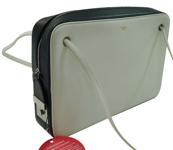 Authentic Celine Nappa Side lock Calfskin Leather Black/White Tote HandBag TT342 - Dallas Designer Handbags