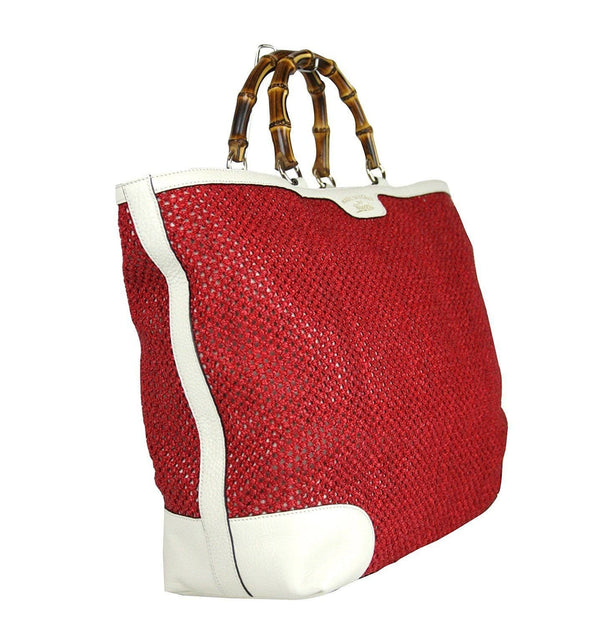 $1455 NWT Gucci 338964 Red Straw Bamboo Handle Large Shopper Tote w/Leather Trim - Dallas Designer Handbags