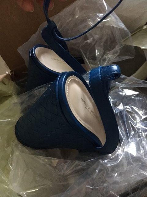 Bottega Veneta Sandals Women's Blue Leather Woven Wedge - bottom view