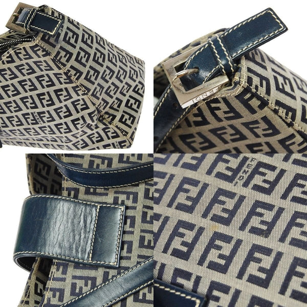 Fendi Zukka Pattern Hand Bag Navy Gray Canvas Leather Vintage Italy TT117