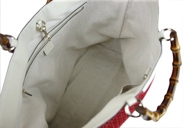 $1455 NWT Gucci 338964 Red Straw Bamboo Handle Large Shopper Tote w/Leather Trim - Dallas Designer Handbags