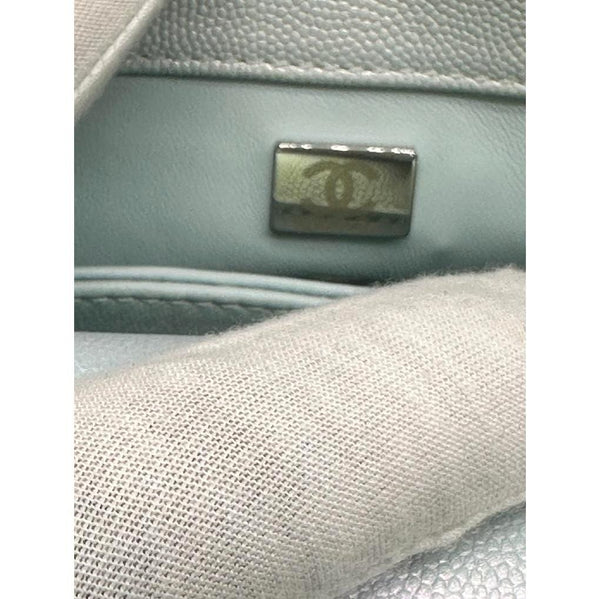 CHANEL Coco Extra Mini Top Handle Iridescent Caviar Leather Crossbody Bag Light Blue