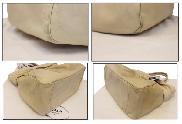 Prada Nappa Frills Shopping Beige Leather Tote Bag - collage