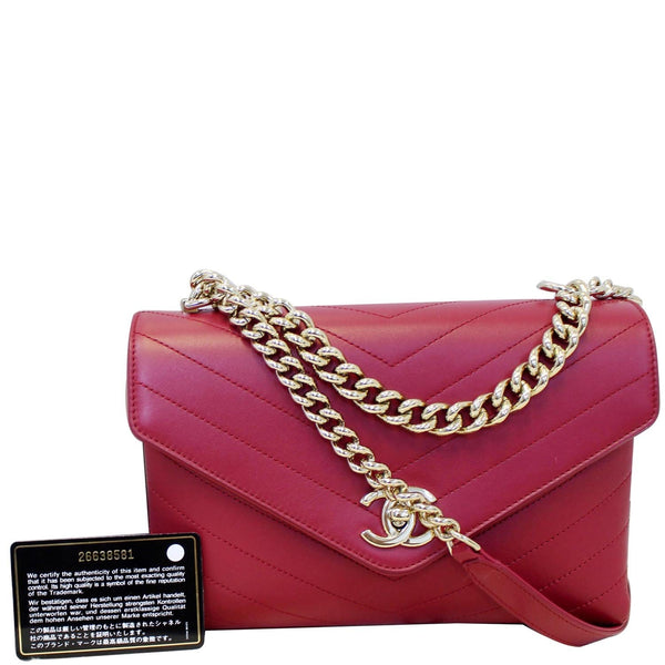 CHANEL Chevron Envelope Flap Lambskin Leather Shoulder Bag Red