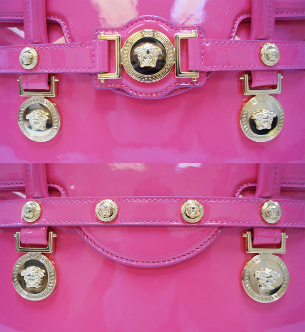 VERSACE Pink Patent Leather Short Handle Medallion Signature Bag