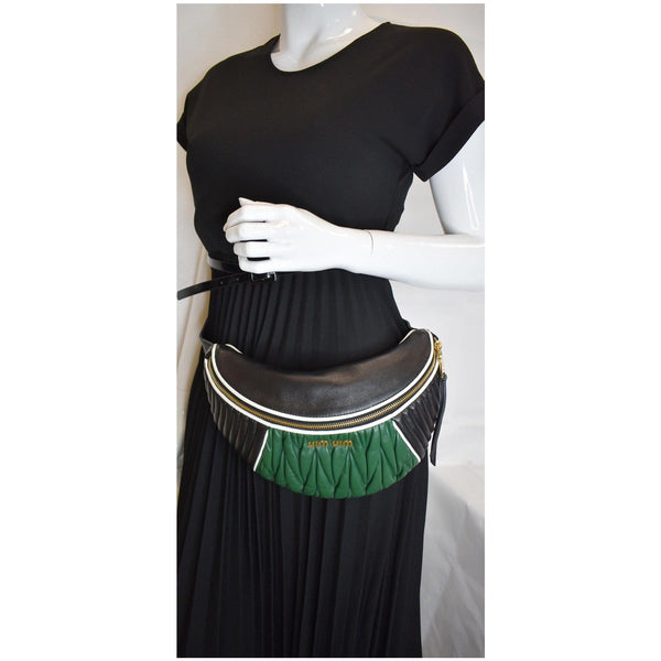 MIU MIU Two-Tone Matelasse Leather Belt Bum Bag Black/Green