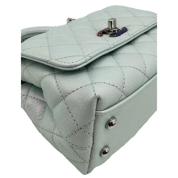 CHANEL Coco Extra Mini Top Handle Iridescent Caviar Leather Crossbody Bag Light Blue