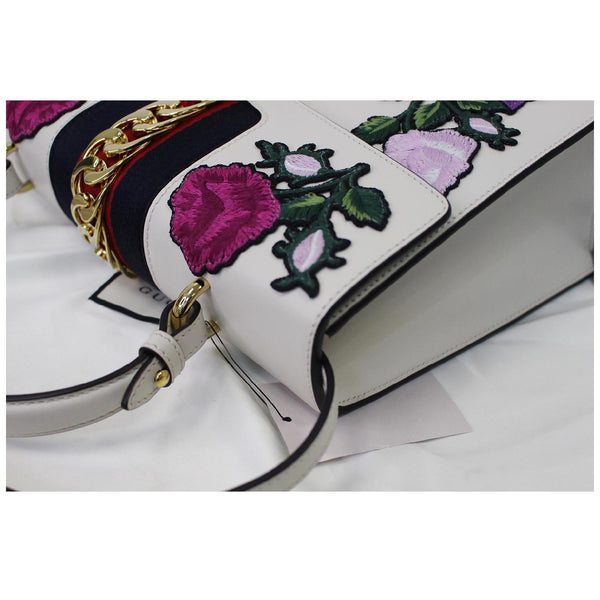 GUCCI Sylvie Embroidered Leather Medium Top Handle Bag White 431665