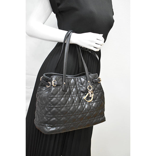 CHRISTIAN DIOR Panarea Quilted Cannage Rosato Canvas Tote Bag Black