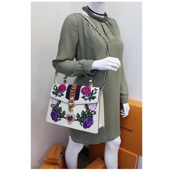 GUCCI Sylvie Embroidered Leather Medium Top Handle Bag White 431665
