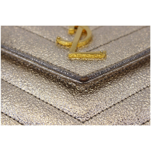 YVES SAINT LAURENT Chevron Leather Chain Wallet Shoulder Bag Silver