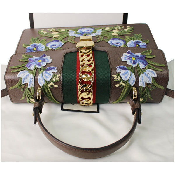 GUCCI Sylvie Embroidered Leather Medium Top Handle Bag Brown 431665
