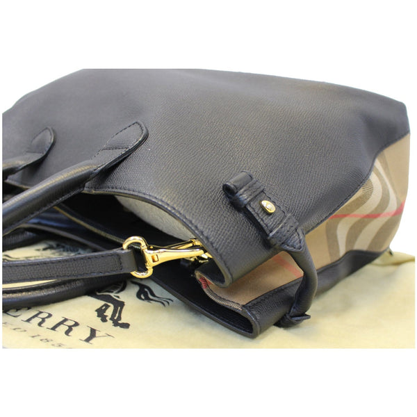 BURBERRY Large Banner Calf Leather House Check Tote Bag Black