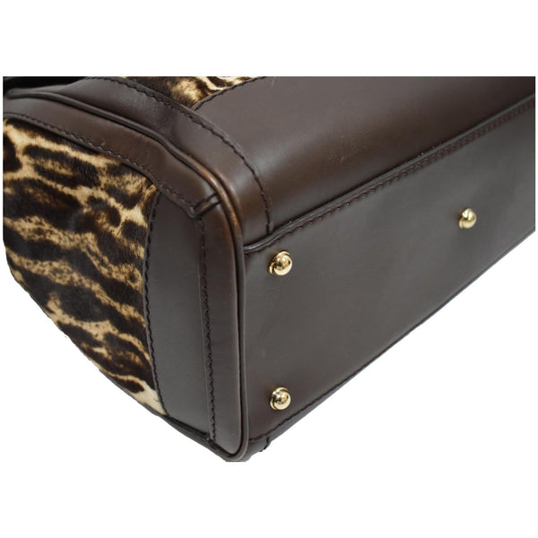 GUCCI Heritage Medium Pony Hair Leopard Print Leather Boston Bag Brown