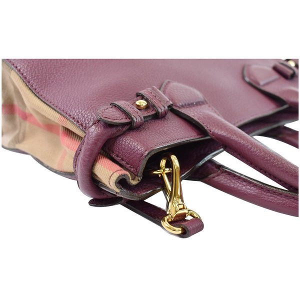 BURBERRY Small Banner Leather House Check Tote Shoulder Bag Burgundy