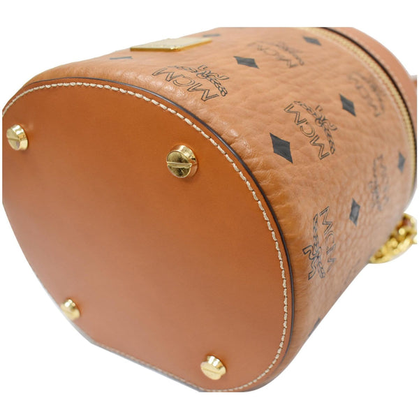 MCM Small Cylinder Visetos Monogram Leather Crossbody Bag Cognac