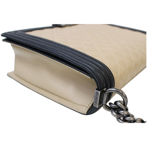 CHANEL Bi-Color Large Boy Flap Quilted Lambskin Leather Shoulder Bag Beige