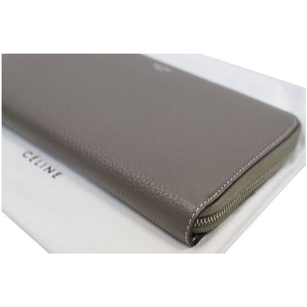 CELINE Large Zip Around Multifunction Drummed Calfskin Wallet Taupe Grey