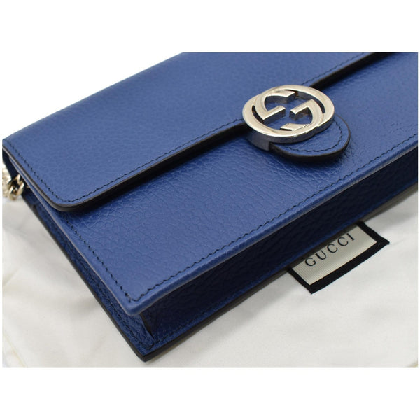 GUCCI Dollar Interlocking G Calfskin Leather Chain Wallet Crossbody Bag Blue 510314