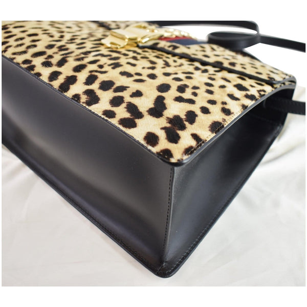 GUCCI Leopard Print Sylvie Medium Calf Hair Top Handle Bag Beige 431665