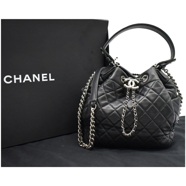 Chanel Drawstring Bucket Quilted Lambskin Leather Bag black