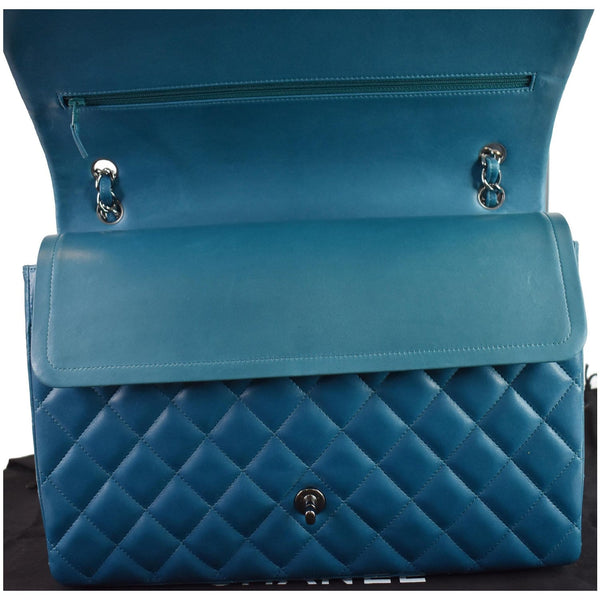 CHANEL Maxi Double Flap Calfskin Leather Shoulder Bag Turquoise