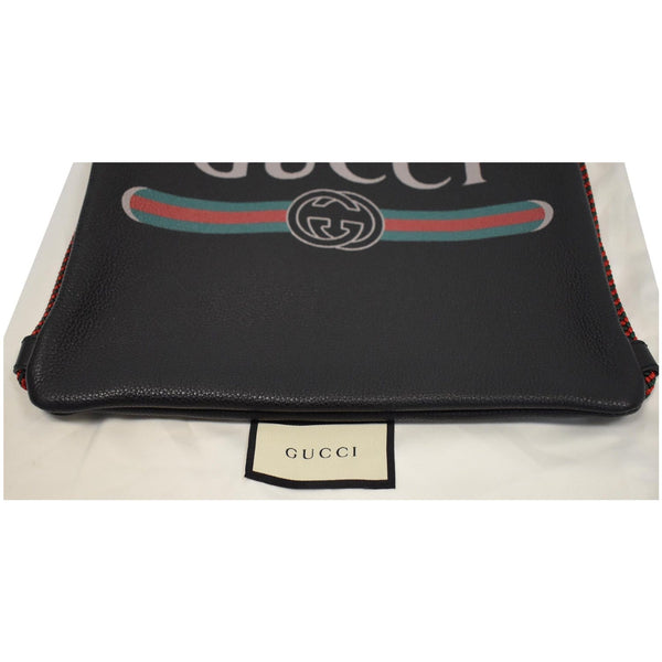 GUCCI Logo Print Calfskin Leather Drawstring Backpack Bag Black 523586