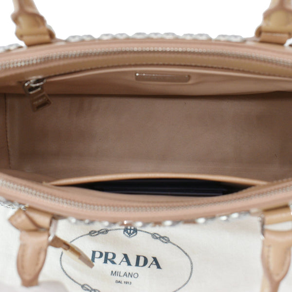PRADA Women Vernice Crystal Studded Saffiano Leather Top Handle Shoulder Bag Beige