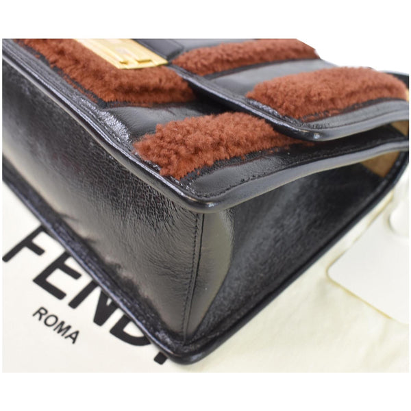 FENDI Kan U Medium Shearling Patent Leather Shoulder Bag Brown
