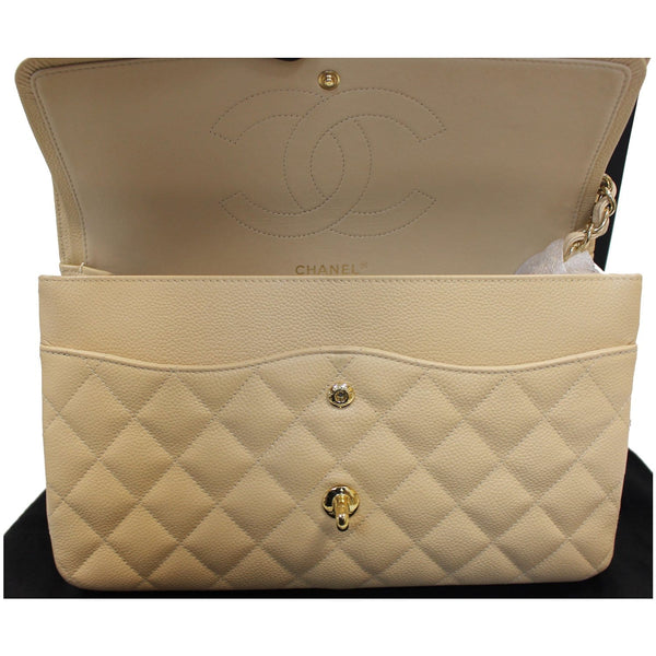 CHANEL Jumbo Double Flap Caviar Leather Shoulder Bag Beige