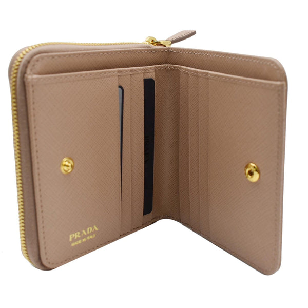 PRADA Small Saffiano Leather Zip Around Wallet Cameo Beige