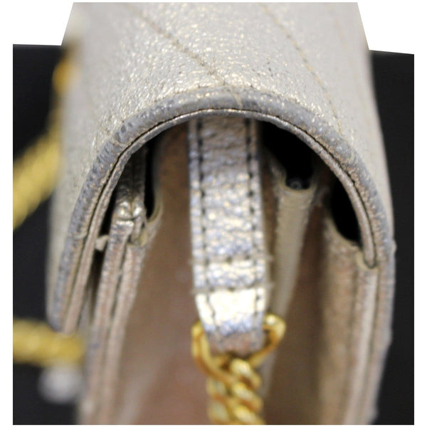 YVES SAINT LAURENT Chevron Leather Chain Wallet Shoulder Bag Silver