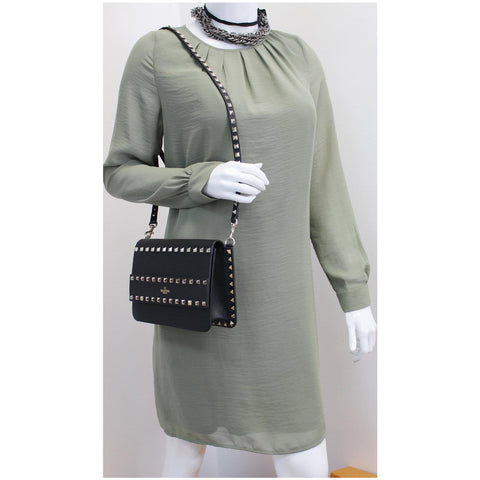 VALENTINO Garavani Small Rockstud Flap Leather Shoulder Bag Black